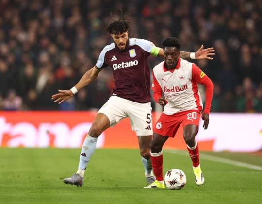 Tyrone Mings of Aston Villa and Edmund Baidoo of Red Bull Salzburg Aston Villa v Red Bull Salzburg, UEFA Europa League, Group Stage, Football, Villa Park, Birmingham, UK - 29 Jan 2026Birmingham Villa Park United Kingdom EDITORIAL USE ONLY No use with unauthorised audio, video, data, fixture lists, club league logos or live services. Online in-match use limited to 120 images, no video emulation. No use in betting, games or single club league player publications. Copyright: xRyanxBrowne Shutterstockx 16445867ax