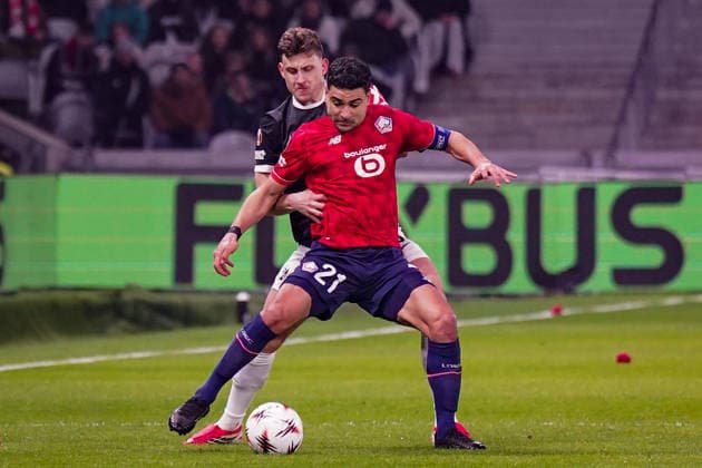 Football UEFA Europa League 2025 26, Matchday 8 OSC Lille vs SC Freiburg Stade Pierre Mauroy Lille, France Ivan Cavaleiro OSC Lille, 21 Maximilian Eggestein SC Freiburg, 08 Copyright: xJOERANxSTEINSIEKx