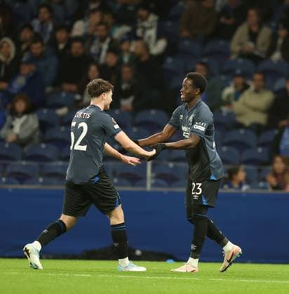 Djeidi Gassama of Rangers celebrates his goal with his team mate Findlay Curtis during UEFA Europa League league phase match at Estadio do Dragao, Porto. Porto v Rangers - UEFA Europa League - Estadio do Dragao, Portugal - 29 Jan 2026Porto Estadio do Dragao Portugal EDITORIAL USE ONLY  Copyright: xRangersxFC Shutterstockx 16488595c