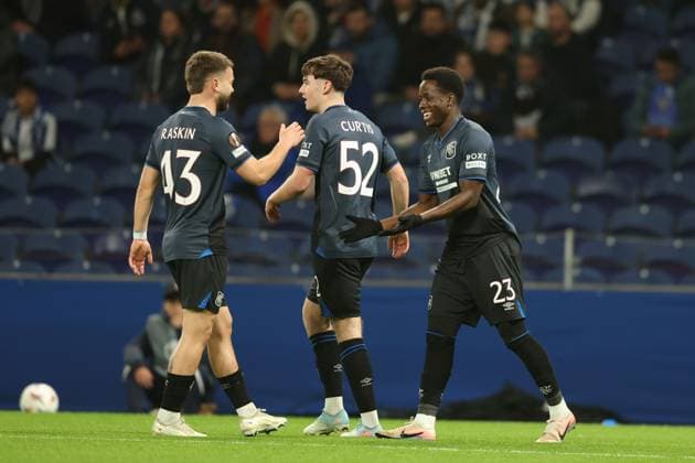 Djeidi Gassama of Rangers celebrates his goal with his team mates Findlay Curtis and Nicolas Raskin during UEFA Europa League league phase match at Estadio do Dragao, Porto. Porto v Rangers - UEFA Europa League - Estadio do Dragao, Portugal - 29 Jan 2026Porto Estadio do Dragao Portugal EDITORIAL USE ONLY  Copyright: xRangersxFC Shutterstockx 16488595e