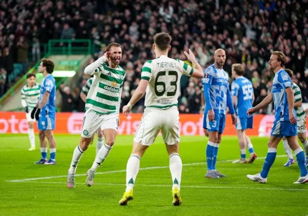 Benjamin Nygren of Celtic celebrates with Kieran Tierney of Celtic (assist) after scoring to give Celtic a 1-0 lead. Celtic v Utrecht, UEFA Europa League, Group Stage, Football, Celtic Park, Glasgow, UK - 29 Jan 2026Glasgow Celtic Park United Kingdom EDITORIAL USE ONLY No use with unauthorised audio, video, data, fixture lists, club league logos or live services. Online in-match use limited to 120 images, no video emulation. No use in betting, games or single club league player publications. Copyright: xStuartxWallace Shutterstockx 16445870r