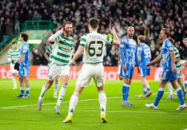 Benjamin Nygren of Celtic celebrates with Kieran Tierney of Celtic (assist) after scoring to give Celtic a 1-0 lead. Celtic v Utrecht, UEFA Europa League, Group Stage, Football, Celtic Park, Glasgow, UK - 29 Jan 2026Glasgow Celtic Park United Kingdom EDITORIAL USE ONLY No use with unauthorised audio, video, data, fixture lists, club league logos or live services. Online in-match use limited to 120 images, no video emulation. No use in betting, games or single club league player publications. Copyright: xStuartxWallace Shutterstockx 16445870s