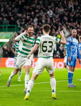 Benjamin Nygren of Celtic celebrates with Kieran Tierney of Celtic (assist) after scoring to give Celtic a 1-0 lead. Celtic v Utrecht, UEFA Europa League, Group Stage, Football, Celtic Park, Glasgow, UK - 29 Jan 2026Glasgow Celtic Park United Kingdom EDITORIAL USE ONLY No use with unauthorised audio, video, data, fixture lists, club league logos or live services. Online in-match use limited to 120 images, no video emulation. No use in betting, games or single club league player publications. Copyright: xStuartxWallace Shutterstockx 16445870t