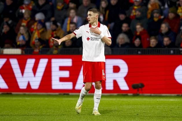 DEVENTER , 29-01-2026 , Stadium De Adelaarshorst , season 2025 2026 , UEFA Europa League League phase . match between Go Ahead Eagles and SC Braga, Picture shows SC Braga player Gustaf Lagerbielke Go Ahead Eagles - Braga  x201171560x Copyright: