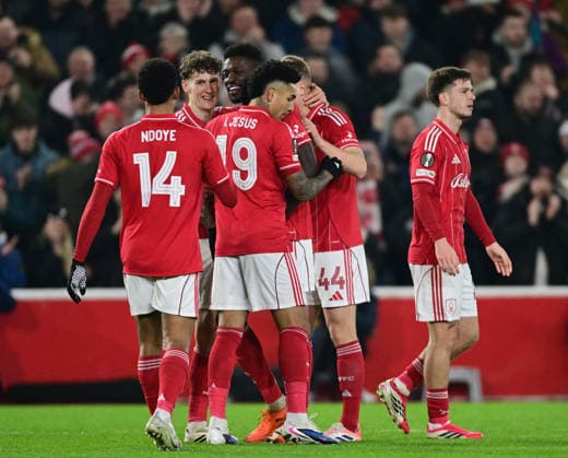 Nottingham, England, 29th January 2026. First goal celebration an own goal during the Nottingham Forest vs Ferencvaros UEFA Europa League match at the City Ground, Nottingham. Picture credit should read: Harriet Massey Sportimage EDITORIAL USE ONLY. No use with unauthorised audio, video, data, fixture lists, club league logos or live services. Online in-match use limited to 120 images, no video emulation. No use in betting, games or single club league player publications. SPI_037_HM_Forest_Ferencvaros SPI-4491-0037