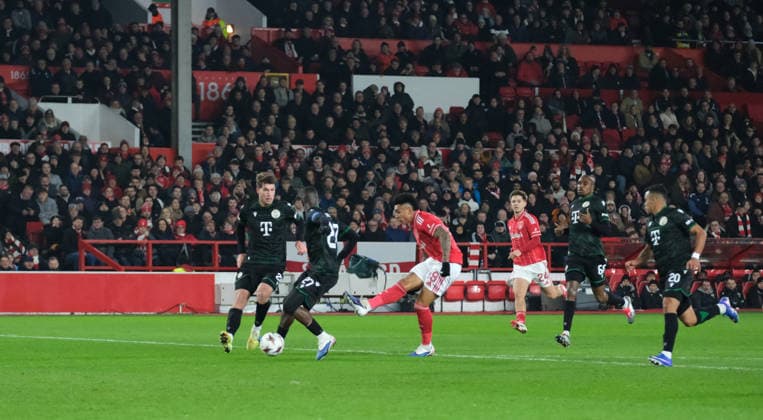 Igor Jesus of Nottingham Forest shoots and scores in the 21st minute 2-0 during the UEFA Europa league football match between Nottingham Forest and Ferencvaros TC at the City Ground in Nottingham. Copyright: xPaulxBonser SportsxPressxPhotox Sportspressphoto_SPR86732