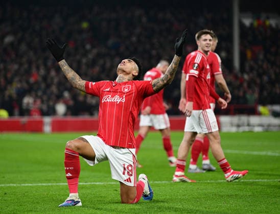 Nottingham, England, 29th January 2026. Igor Jesus of Nottingham Forest (l) celebrates scoring their second goal during the Nottingham Forest vs Ferencvaros UEFA Europa League match at the City Ground, Nottingham. Picture credit should read: Harriet Massey Sportimage EDITORIAL USE ONLY. No use with unauthorised audio, video, data, fixture lists, club league logos or live services. Online in-match use limited to 120 images, no video emulation. No use in betting, games or single club league player publications. SPI_039_HM_Forest_Ferencvaros SPI-4491-0038