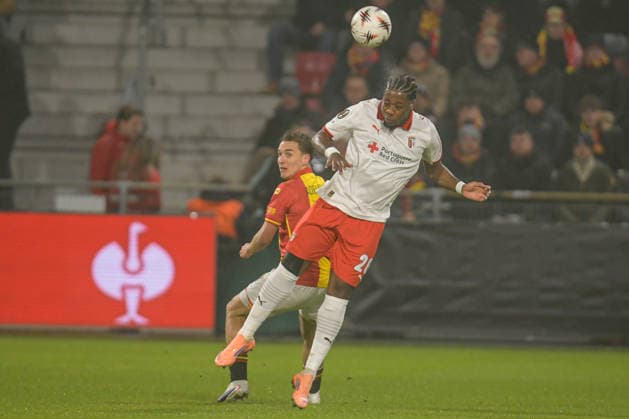 2026-01-29 - Europa League match DEVENTER, NETHERLANDS - JANUARY 29: Bright Arrey-Mbi of SC Braga heads the ball with Aske Adelgaard of Go Ahead Eagles during the Europa League match at the De Adelaarshorst on January 29, 2026 in Deventer, Netherlands Deventer De Adelaarshorst Netherlands Content not available for redistribution in The Netherlands directly or indirectly through any third parties. Copyright: xDennisxBresserx