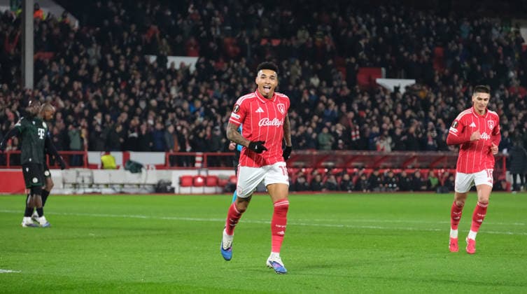 Igor Jesus of Nottingham Forest celebrates his goal in the 21st minute 2-0 during the UEFA Europa league football match between Nottingham Forest and Ferencvaros TC at the City Ground in Nottingham. Copyright: xPaulxBonser SportsxPressxPhotox Sportspressphoto_SPR86734
