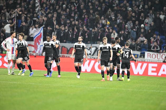 Football : Olympique Lyonnais v PAOK FC - UEFA Europa League 29 01 2026 Georgios Giakoumakis of PAOK socring goal during the UEFA Europa league match between Olympique Lyonnais and PAOK FC at Groupama Stadium Decines Charpieu Lyon France on January 29 2026 LYONFrance  Copyright: xMouradxAllilix