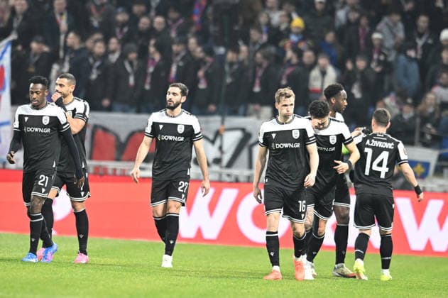 Football : Olympique Lyonnais v PAOK FC - UEFA Europa League 29 01 2026 Georgios Giakoumakis of PAOK socring goal during the UEFA Europa league match between Olympique Lyonnais and PAOK FC at Groupama Stadium Decines Charpieu Lyon France on January 29 2026 LYONFrance  Copyright: xMouradxAllilix