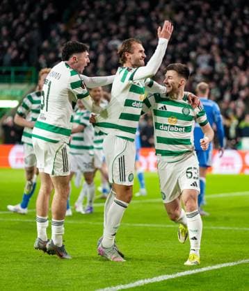 Benjamin Nygren of Celtic celebrates with Colby Donovan & Kieran Tierney of Celtic (assist) after scoring to give Celtic a 1-0 lead. Celtic v Utrecht, UEFA Europa League, Group Stage, Football, Celtic Park, Glasgow, UK - 29 Jan 2026Glasgow Celtic Park United Kingdom EDITORIAL USE ONLY No use with unauthorised audio, video, data, fixture lists, club league logos or live services. Online in-match use limited to 120 images, no video emulation. No use in betting, games or single club league player publications. Copyright: xStuartxWallace Shutterstockx 16445870aa