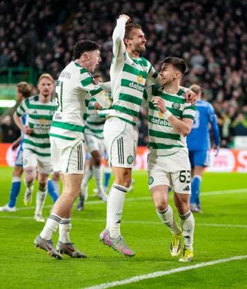 Benjamin Nygren of Celtic celebrates with Colby Donovan & Kieran Tierney of Celtic (assist) after scoring to give Celtic a 1-0 lead. Celtic v Utrecht, UEFA Europa League, Group Stage, Football, Celtic Park, Glasgow, UK - 29 Jan 2026Glasgow Celtic Park United Kingdom EDITORIAL USE ONLY No use with unauthorised audio, video, data, fixture lists, club league logos or live services. Online in-match use limited to 120 images, no video emulation. No use in betting, games or single club league player publications. Copyright: xStuartxWallace Shutterstockx 16445870z