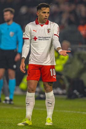 2026-01-29 - Europa League match DEVENTER, NETHERLANDS - JANUARY 29: Rodrigo Zalazar of SC Braga looks on during the Europa League match at the De Adelaarshorst on January 29, 2026 in Deventer, Netherlands Deventer De Adelaarshorst Netherlands Content not available for redistribution in The Netherlands directly or indirectly through any third parties. Copyright: xDennisxBresserx