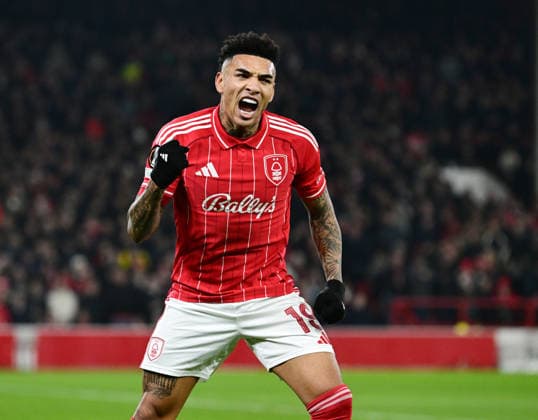 Nottingham, England, 29th January 2026. Igor Jesus of Nottingham Forest celebrates scoring their second goal during the Nottingham Forest vs Ferencvaros UEFA Europa League match at the City Ground, Nottingham. Picture credit should read: Harriet Massey Sportimage EDITORIAL USE ONLY. No use with unauthorised audio, video, data, fixture lists, club league logos or live services. Online in-match use limited to 120 images, no video emulation. No use in betting, games or single club league player publications. SPI_042_HM_Forest_Ferencvaros SPI-4491-0041