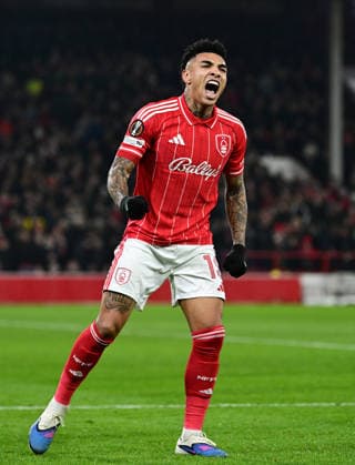 Nottingham, England, 29th January 2026. Igor Jesus of Nottingham Forest celebrates scoring their second goal during the Nottingham Forest vs Ferencvaros UEFA Europa League match at the City Ground, Nottingham. Picture credit should read: Harriet Massey Sportimage EDITORIAL USE ONLY. No use with unauthorised audio, video, data, fixture lists, club league logos or live services. Online in-match use limited to 120 images, no video emulation. No use in betting, games or single club league player publications. SPI_043_HM_Forest_Ferencvaros SPI-4491-0042