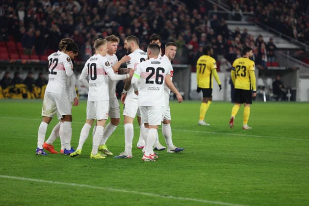 29 01 2026, xrekx, Football UEFA Europa League, VfB Stuttgart Young Boys Bern v l Torjubel nach dem Tor zum celebrating the goal celebrate 1 0 durch Deniz Undav VfB Stuttgart DFL DFB REGULATIONS PROHIBIT ANY USE OF PHOTOGRAPHS as IMAGE SEQUENCES and or QUASI VIDEO Stuttgart