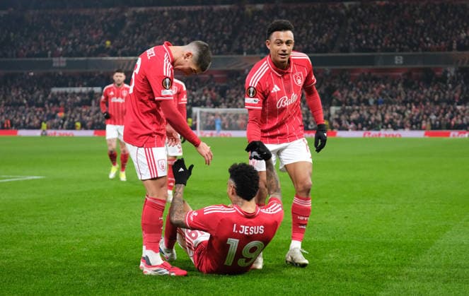 Igor Jesus of Nottingham Forest celebrates his goal in the 21st minute 2-0 during the UEFA Europa league football match between Nottingham Forest and Ferencvaros TC at the City Ground in Nottingham. Copyright: xPaulxBonser SportsxPressxPhotox Sportspressphoto_SPR86737