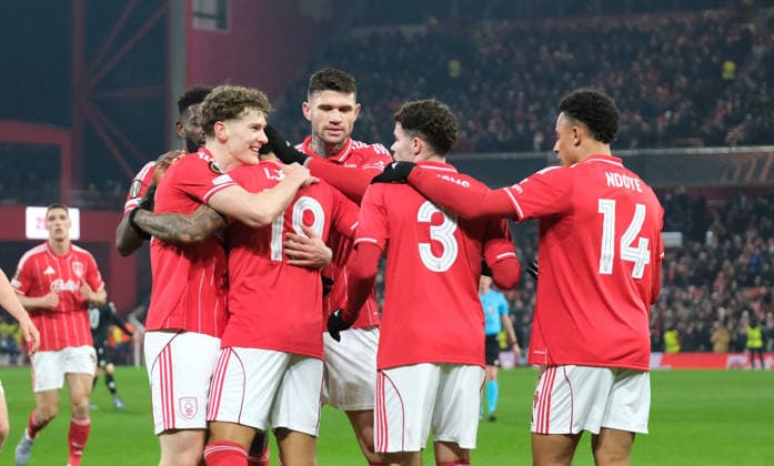 Igor Jesus of Nottingham Forest celebrates his goal with team mates in the 21st minute 2-0 during the UEFA Europa league football match between Nottingham Forest and Ferencvaros TC at the City Ground in Nottingham. Copyright: xPaulxBonser SportsxPressxPhotox Sportspressphoto_SPR86738