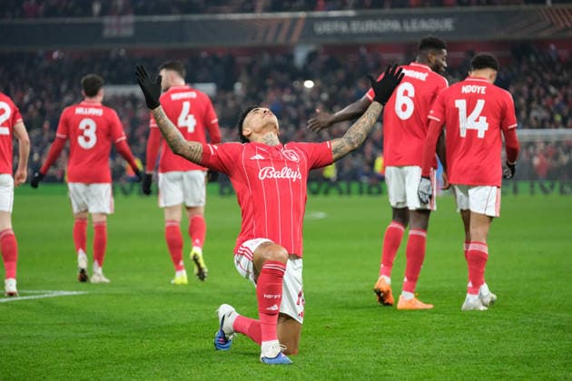 Igor Jesus of Nottingham Forest celebrates his goal in the 21st minute 2-0 during the UEFA Europa league football match between Nottingham Forest and Ferencvaros TC at the City Ground in Nottingham. Copyright: xPaulxBonser SportsxPressxPhotox Sportspressphoto_SPR86740