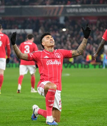 Igor Jesus of Nottingham Forest celebrates his goal in the 21st minute 2-0 during the UEFA Europa league football match between Nottingham Forest and Ferencvaros TC at the City Ground in Nottingham. Copyright: xPaulxBonser SportsxPressxPhotox Sportspressphoto_SPR86744