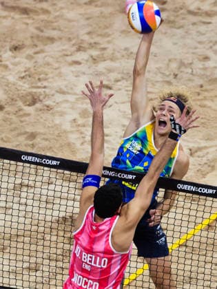 England s Joaquin Bello and Sweden s David Ahman during the final of the beach volleyball competition Stockholm Beach 2026, an official competition in the international Queen King of the Court series, at Avicii Arena in Stockholm, Sweden, January 29, 2026 STOCKHOLM SWEDEN x60160x  Copyright: xStefanxJerrevang TTx STOCKHOLM BEACH 2026