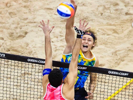 England s Joaquin Bello and Sweden s David Ahman during the final of the beach volleyball competition Stockholm Beach 2026, an official competition in the international Queen King of the Court series, at Avicii Arena in Stockholm, Sweden, January 29, 2026 STOCKHOLM SWEDEN x60160x  Copyright: xStefanxJerrevang TTx STOCKHOLM BEACH 2026