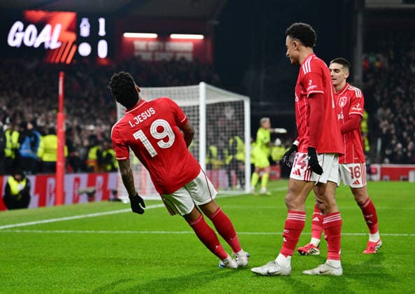 Nottingham, England, 29th January 2026. Igor Jesus of Nottingham Forest celebrates scoring their second goal during the Nottingham Forest vs Ferencvaros UEFA Europa League match at the City Ground, Nottingham. Picture credit should read: Harriet Massey Sportimage EDITORIAL USE ONLY. No use with unauthorised audio, video, data, fixture lists, club league logos or live services. Online in-match use limited to 120 images, no video emulation. No use in betting, games or single club league player publications. SPI_046_HM_Forest_Ferencvaros SPI-4491-0045