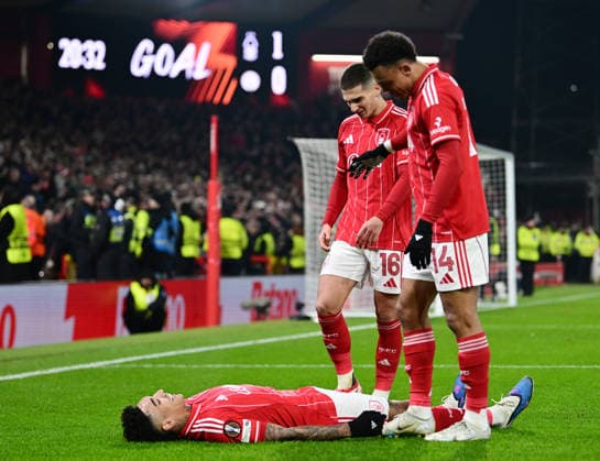 Nottingham, England, 29th January 2026. Igor Jesus of Nottingham Forest celebrates scoring their second goal during the Nottingham Forest vs Ferencvaros UEFA Europa League match at the City Ground, Nottingham. Picture credit should read: Harriet Massey Sportimage EDITORIAL USE ONLY. No use with unauthorised audio, video, data, fixture lists, club league logos or live services. Online in-match use limited to 120 images, no video emulation. No use in betting, games or single club league player publications. SPI_047_HM_Forest_Ferencvaros SPI-4491-0046