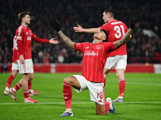 Nottingham, England, 29th January 2026. Igor Jesus of Nottingham Forest celebrates scoring their second goal during the Nottingham Forest vs Ferencvaros UEFA Europa League match at the City Ground, Nottingham. Picture credit should read: Harriet Massey Sportimage EDITORIAL USE ONLY. No use with unauthorised audio, video, data, fixture lists, club league logos or live services. Online in-match use limited to 120 images, no video emulation. No use in betting, games or single club league player publications. SPI_048_HM_Forest_Ferencvaros SPI-4491-0047