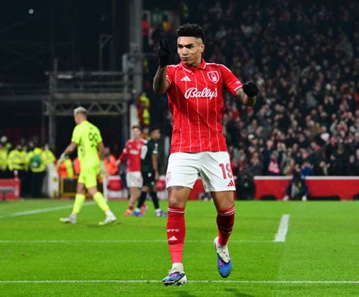 Nottingham, England, 29th January 2026. Igor Jesus of Nottingham Forest celebrates scoring their second goal during the Nottingham Forest vs Ferencvaros UEFA Europa League match at the City Ground, Nottingham. Picture credit should read: Harriet Massey Sportimage EDITORIAL USE ONLY. No use with unauthorised audio, video, data, fixture lists, club league logos or live services. Online in-match use limited to 120 images, no video emulation. No use in betting, games or single club league player publications. SPI_049_HM_Forest_Ferencvaros SPI-4491-0048