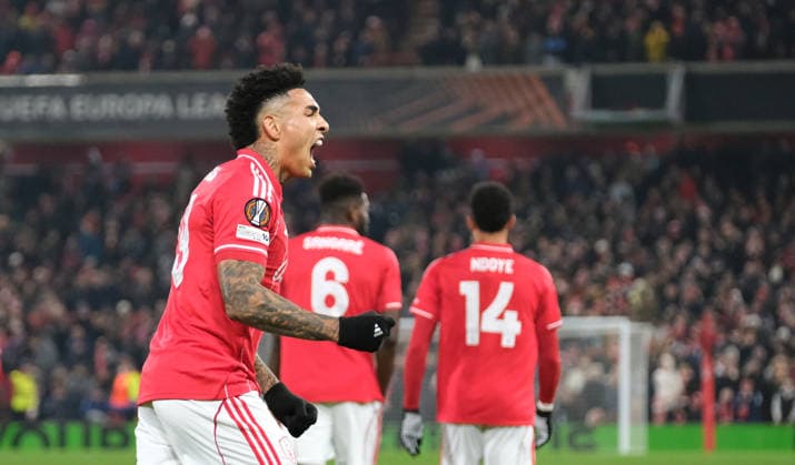 Igor Jesus of Nottingham Forest celebrates his goal in the 21st minute 2-0 during the UEFA Europa league football match between Nottingham Forest and Ferencvaros TC at the City Ground in Nottingham. Copyright: xPaulxBonser SportsxPressxPhotox Sportspressphoto_SPR86746