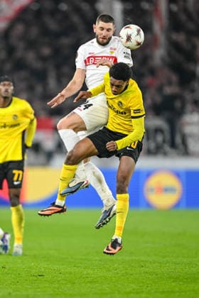 Jeff Chabot VfB Stuttgart and Alvyn Sanches BSC Young Boys battle for the ball during the UEFA Europa League 2025 26 League Phase MD8 match between VfB Stuttgart and BSC Young Boys at Stuttgart Arena on January 29, 2026 in Stuttgart, Germany Photo by Harry Langer DeFodi Images