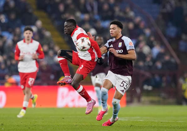Birmingham, England, 29th January 2026. SoumaÃ¯la Diabate of Red Bull Salzburg and George Hemmings of Aston Villa during the Aston Villa vs FC Salzburg UEFA Europa League match at Villa Park, Birmingham. Picture credit should read: Andrew Yates Sportimage EDITORIAL USE ONLY. No use with unauthorised audio, video, data, fixture lists, club league logos or live services. Online in-match use limited to 120 images, no video emulation. No use in betting, games or single club league player publications. SPI_029_AY_Villa_Salzburg SPI-4490-0029