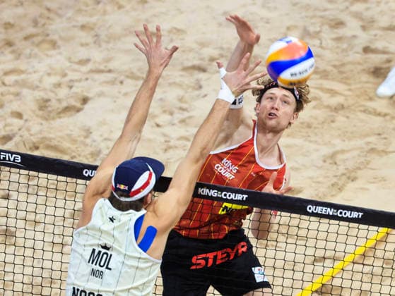 STOCKHOLM, SWEDEN 20260129 Norways Anders Mol against Austrias Tim Berger during the final of the Stockholm Beach 2026 beach volleyball competition, an official event of the international Queen King of the Court series, at Avicii Arena in Stockholm STOCKHOLM SWEDEN x60160x  Copyright: xStefanxJerrevang TTx STOCKHOLM BEACH 2026