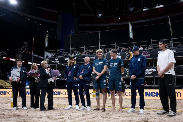 260129 Swedens coaches Rasmus Jonsson and Anders Kristiansson and players David Ahman, Jonatan Hellvig, Elmer Andersson and Jacob Hölting Nilsson are celebrated during Stockholm Beach 2026 on January 29, 2026 in Stockholm  Copyright: EMMAxWALLSKOG BB260129EW075