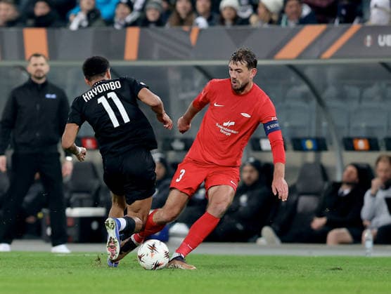 SOCCER - UEFA EL, Sturm vs Brann GRAZ,AUSTRIA,29.JAN.26 - SOCCER - UEFA Europa League, SK Sturm Graz vs SK Brann Bergen. Image shows Axel Kayombo (Sturm) and Fredrik Pallesen Knudsen.  GEPAxpictures xHansxOberlaender
