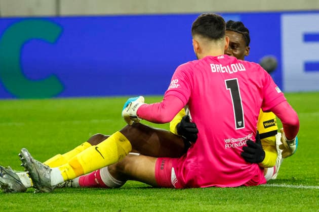 Fabian Bredlow VfB Stuttgart, 01 and Darian Males BSC Young Boys, 39 , Germany, Football, UEFA Europa League, Matchday 8, 2025 2026, VfB Stuttgart vs Young Boys Bern, 29 01 2026, Stuttgart MHP Arena Germany Copyright: xGrantxHubbsx