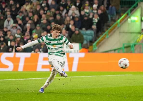 Arne Engels of Celtic beats FC Utrecht goalkeeper Vasilis Barkas from the penalty spot to give Celtic a 3-0 lead. Celtic v Utrecht, UEFA Europa League, Group Stage, Football, Celtic Park, Glasgow, UK - 29 Jan 2026Glasgow Celtic Park United Kingdom EDITORIAL USE ONLY No use with unauthorised audio, video, data, fixture lists, club league logos or live services. Online in-match use limited to 120 images, no video emulation. No use in betting, games or single club league player publications. Copyright: xStuartxWallace Shutterstockx 16445870ao
