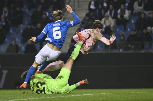 Genk s Matte Smets, Malmo s goalkeeper Melker Ellborg and Malmo s Johan Karlsson fight for the ball during a soccer game between Belgian soccer team KRC Genk and Swedish team Malmo FF, in Genk, on Thursday 29 January 2026, on day eight of the League phase of the UEFA Europa League tournament. JOHAN EYCKENS JohanxEyckens  x159645032x