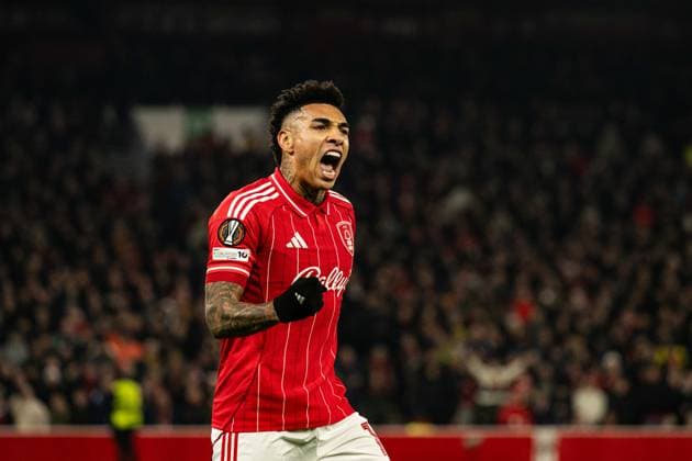 29th January 2026; The City Ground, Nottingham, England; UEFA Europa League Football, Nottingham Forest versus Ferencvarosi; Igor Jesus of Nottingham Forest celebrates scoring in the 21st minute to make the score 2-0  GodfreyxPitt Content restricted for UK based newspaper