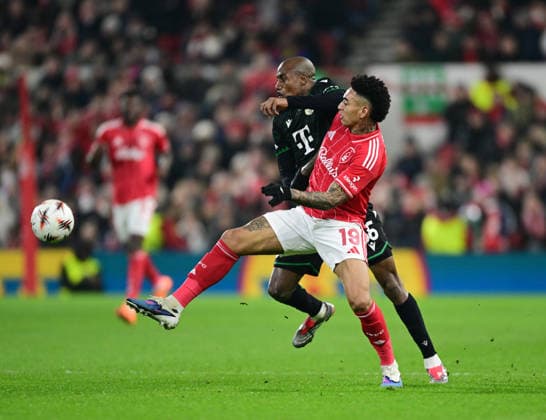 Nottingham, England, 29th January 2026. Julio Romao of Ferencvaros tussles with Igor Jesus of Nottingham Forest during the Nottingham Forest vs Ferencvaros UEFA Europa League match at the City Ground, Nottingham. Picture credit should read: Harriet Massey Sportimage EDITORIAL USE ONLY. No use with unauthorised audio, video, data, fixture lists, club league logos or live services. Online in-match use limited to 120 images, no video emulation. No use in betting, games or single club league player publications. SPI_051_HM_Forest_Ferencvaros SPI-4491-0050