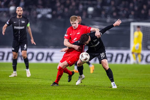 STURM GRAZ - BRANN BERGEN Otar Kiteishvili of Sturm and Thore Pedersen of Brann during the league phase of UEFA Europa league football match between SK Sturm Graz and SK Brann Bergen. Graz, Austria, January 29, 2026. Photo by Branislav Racko Copyright: xx 080A0057