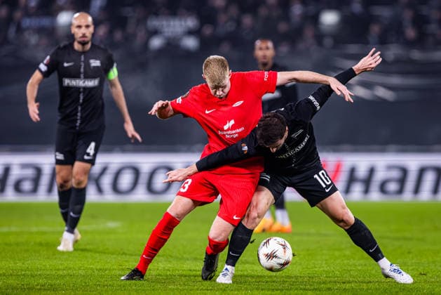 STURM GRAZ - BRANN BERGEN Otar Kiteishvili of Sturm and Thore Pedersen of Brann during the league phase of UEFA Europa league football match between SK Sturm Graz and SK Brann Bergen. Graz, Austria, January 29, 2026. Photo by Branislav Racko Copyright: xx 080A0062