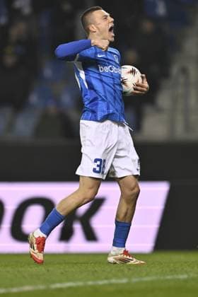 Genk s Daan Heymans celebrates after scoring during a soccer game between Belgian soccer team KRC Genk and Swedish team Malmo FF, in Genk, on Thursday 29 January 2026, on day eight of the League phase of the UEFA Europa League tournament. JOHAN EYCKENS JohanxEyckens  x159645411x