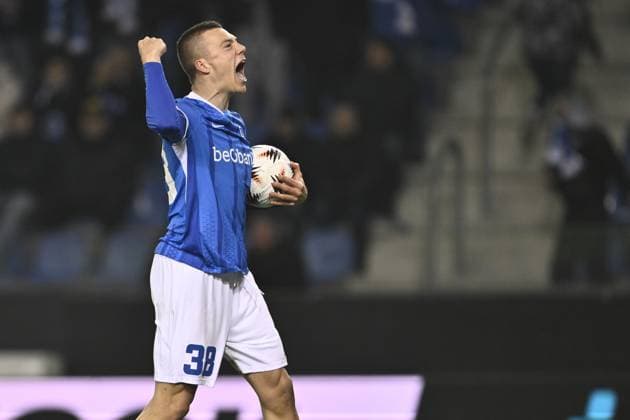 Genk s Daan Heymans celebrates after scoring during a soccer game between Belgian soccer team KRC Genk and Swedish team Malmo FF, in Genk, on Thursday 29 January 2026, on day eight of the League phase of the UEFA Europa League tournament. JOHAN EYCKENS JohanxEyckens  x159645421x