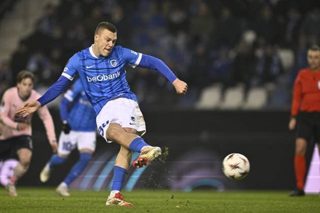 Genk s Daan Heymans scoring the 1-1 goal during a soccer game between Belgian soccer team KRC Genk and Swedish team Malmo FF, in Genk, on Thursday 29 January 2026, on day eight of the League phase of the UEFA Europa League tournament. JOHAN EYCKENS JohanxEyckens  x159645474x