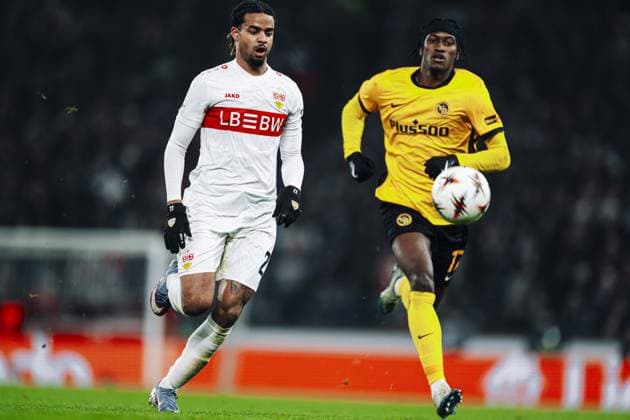 Ameen Al Dakhil 2 VfB Stuttgart defends against Joël Monteiro 77 BSC Young Boys with ball in action Player in action Copyright: xspeedshotx