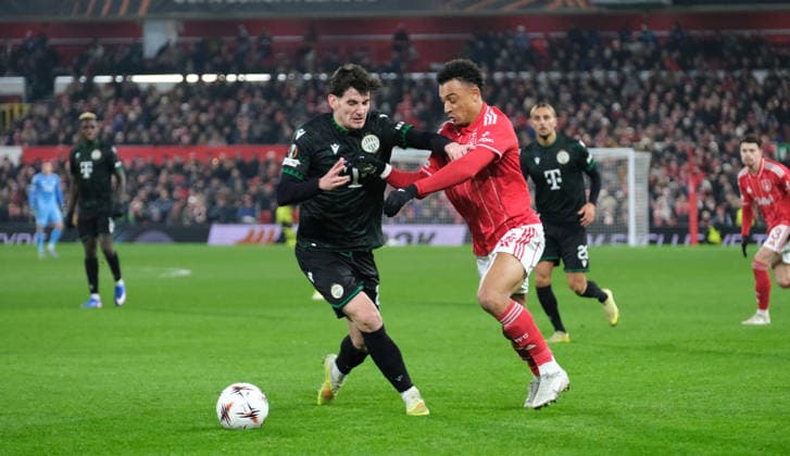Bence Otvos of Ferencvaros TC and Dan Ndoye of Nottingham Forest seen in action during the UEFA Europa league football match between Nottingham Forest and Ferencvaros TC at the City Ground in Nottingham. Copyright: xPaulxBonser SportsxPressxPhotox Sportspressphoto_SPR86749