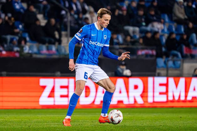 2026-01-29 KRC Genk v Malmo FF - UEFA Europa League 2025 26 League Phase MD8 GENK, BELGIUM - JANUARY 29: Matte Smets of KRC Genk dribbles during the UEFA Europa League 2025 26 League Phase MD8 match between KRC Genk and Malmo FF at Cegeka Arena on January 29, 2026 in Genk, Belgium. (Photo by Gabriel Calvino Alonso BSR Agency) Genk Belgium Content not available for redistribution in The Netherlands directly or indirectly through any third parties. Copyright: xBSRxAgencyx